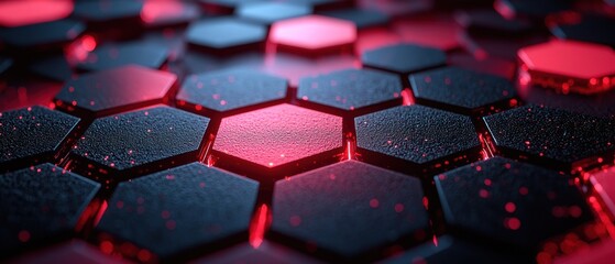 Obraz premium A close-up view of hexagonal patterns with glowing red accents, showcasing a futuristic design.