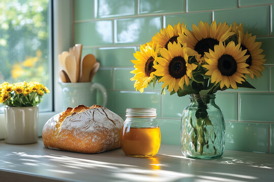 Retro style kitchen counter with bread, honey and sunflowers on top