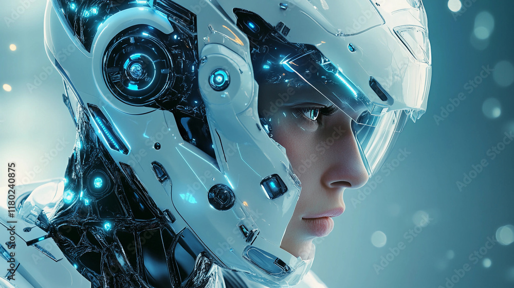 Poster futuristic robotic face with intricate details and glowing elements. generative ai