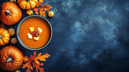 A bowl of pumpkin soup surrounded by pumpkins and autumn leaves on a dark blue background