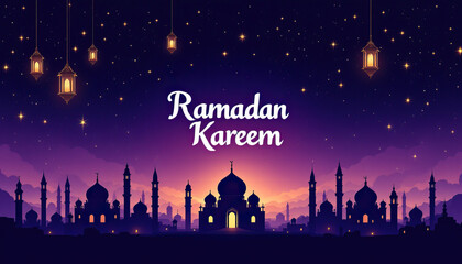 Beautiful ramadan kareem night sky with lanterns and mosque silhouettes at dusk celebrating islamic traditions