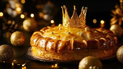  A golden galette des rois, with its crown-shaped topper placed on top of the pastry and surrounded by festive decorations like gold foil balls and lights.