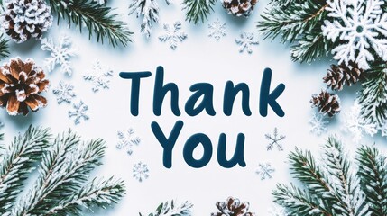 A beautifully crafted thank you banner set against a backdrop of winter foliage, snowflakes, and pine cones, capturing the essence of appreciation during cold seasons