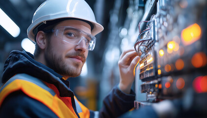 Focused scene of working Technician wearing hard hat, safety glasses, high-visibility vest connecting wires on electrical panel. Men's job, electrical and technology concept.