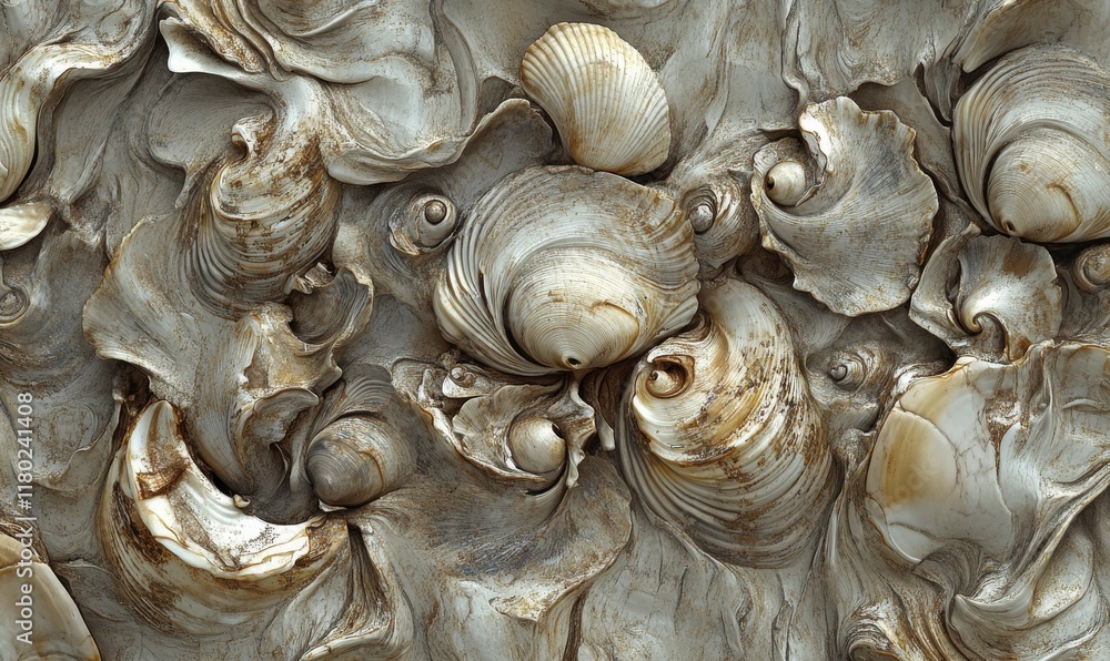 Poster a close-up pattern of many seashells creating a textured and marbled effect, suitable for wallpaper 