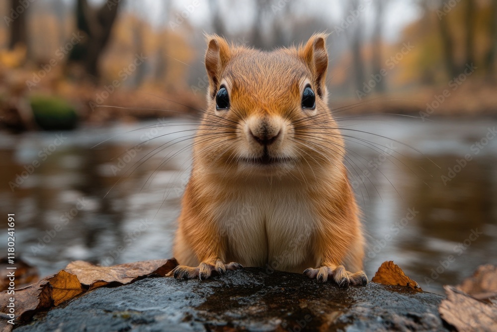 Poster a close-up shot of a squirrel perched on a rock near a river, offering a unique perspective on this 