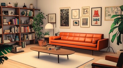 Mid-century modern living room with an orange leather sofa, coffee table books, and bookshelves