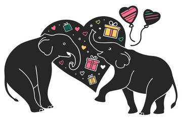 happy valentine's day couple cute animal love silhouette vector illustration