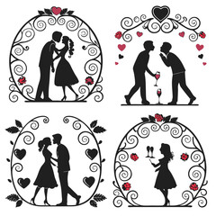 happy valentine's day weddinging couple silhouette vector illustration