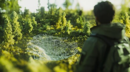 A person stands before a lush forest, examining a digital map overlay on the landscape, merging technology with nature for exploration.