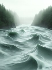 Misty river flowing between lush green forests.