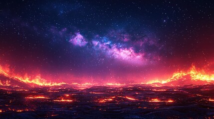 Naklejka premium Fiery landscape under starlit sky.