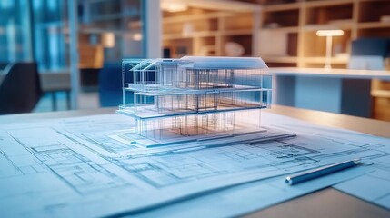 A holographic projection of an architectural model on top of blueprints, set in the office environment of interior designers. 