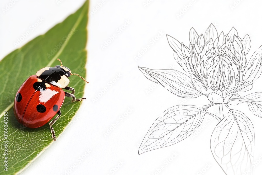 Poster a ladybug sits on top of a leaf next to a colorful flower