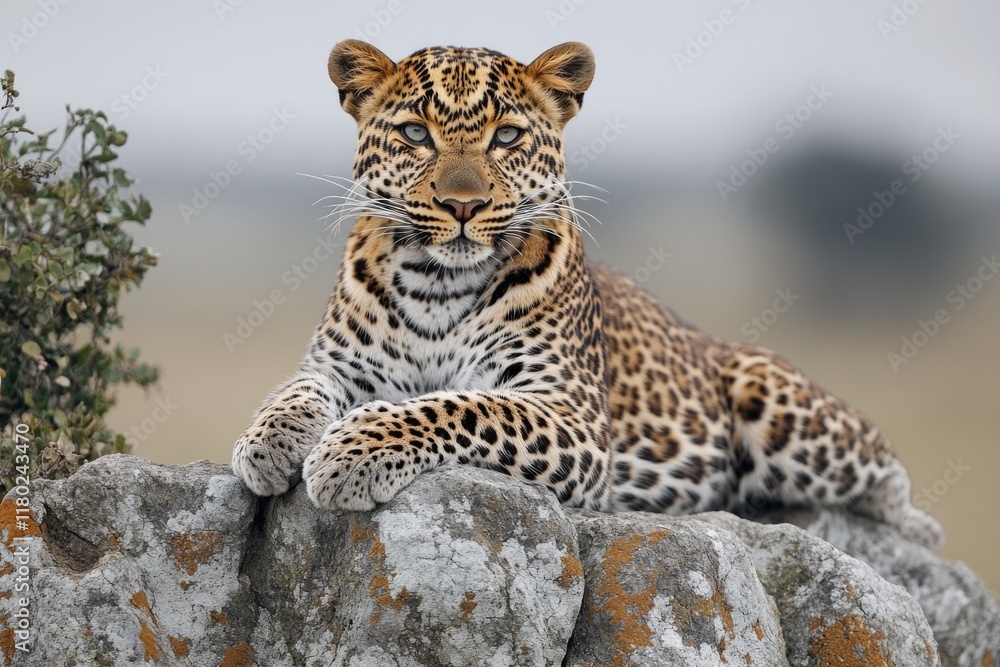 Poster a leopard sits on a rock in its natural habitat, offering a glimpse into its serene environment