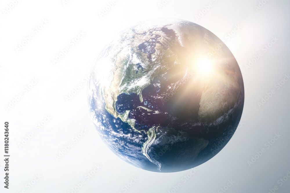 Poster view of the earth from space with the sun in the background, suitable for science and technology ill