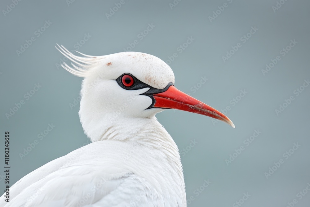 Poster close-up photo of a white bird with a distinctive red beak