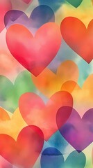 A vibrant Valentine’s wallpaper of overlapping watercolor hearts in a rainbow of soft hues