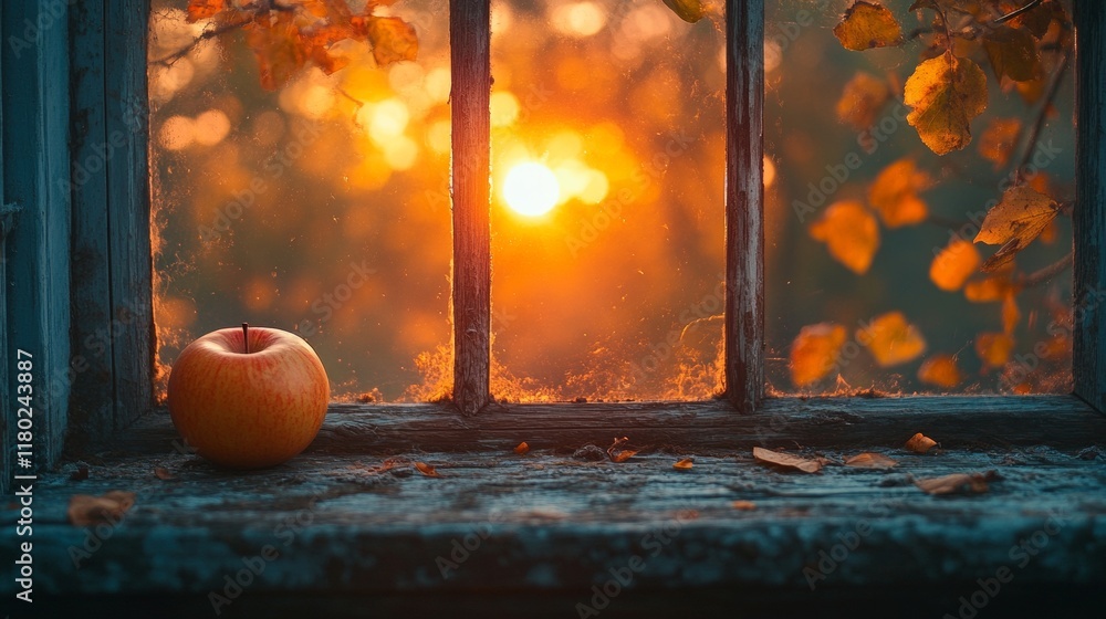 Poster rustic window with an orange resting on the sill