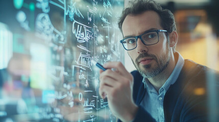 Expert explains scientific formulas on a digital display in a modern office. Generative AI