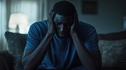 A man is sitting on the couch with his head in his hands, looking sad and stressed.