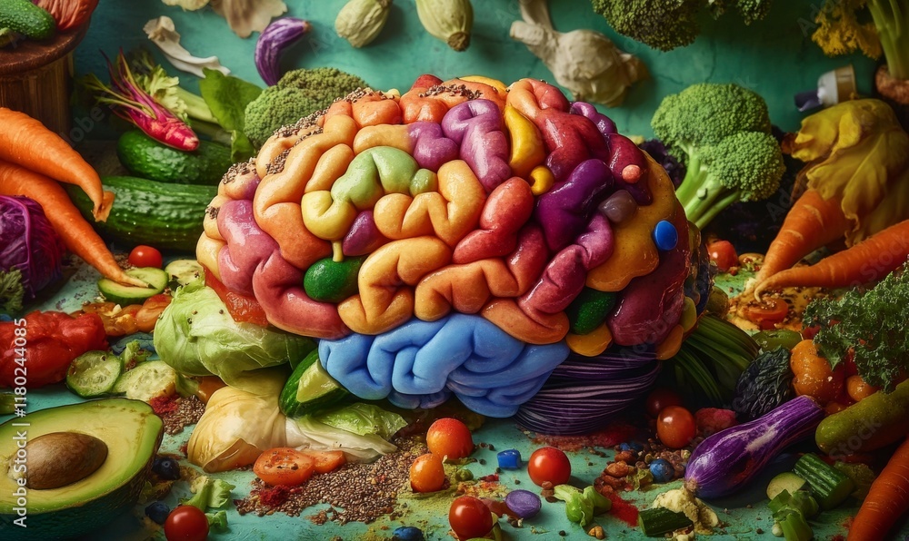 Poster brain made of vegetables is on a table with a variety of other foods. the brain is surrounded by avo