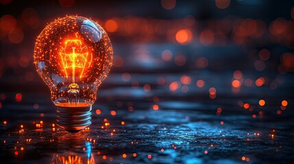 Glowing incandescent bulb, sparks, innovation, lightbulb, energy, idea, creativity, technology, futuristic, dark background, concept, design, abstract, digital art, bright, electric, shiny, 3D render