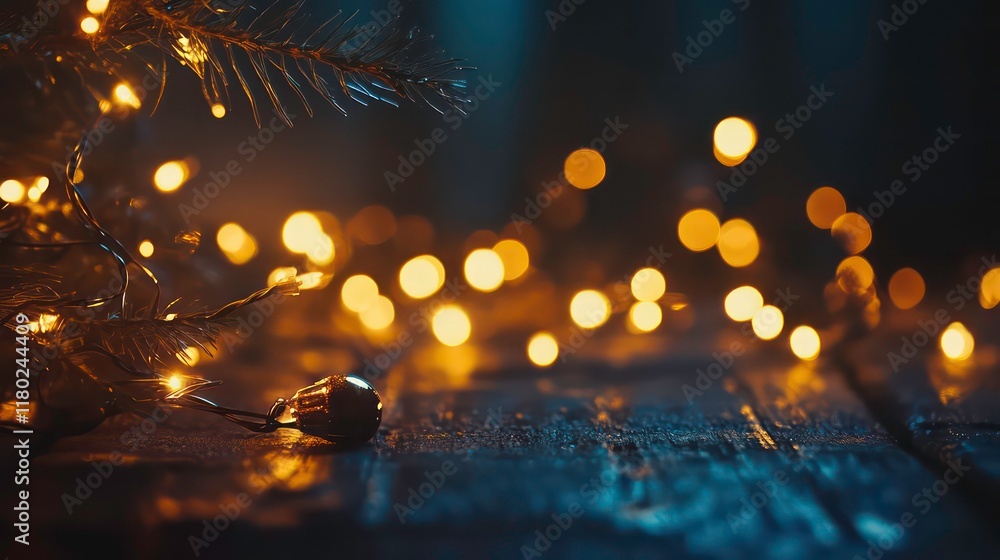 Poster golden shimmering lights with bokeh effect on a dark background.