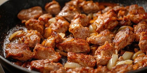 Cooking Pan with Meat and Onions