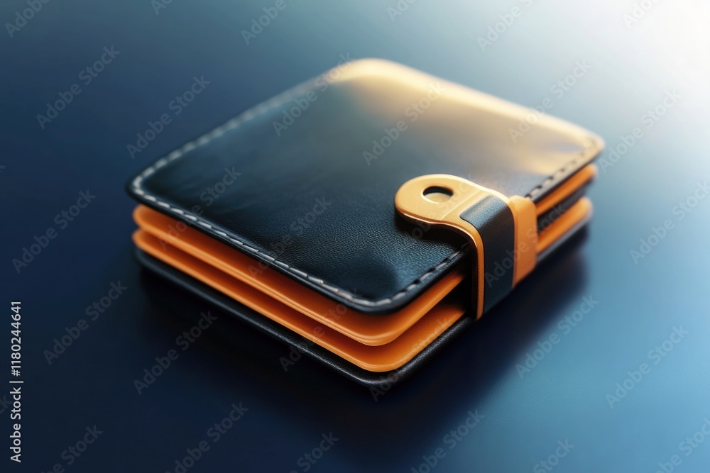 Poster a black and orange wallet sits on top of a table, ideal for use as a prop in still life photography 