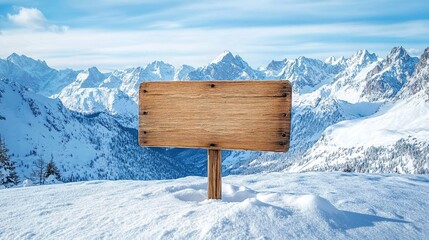  A wooden sign on a snowy mountain with a beautiful winter landscape in the background.