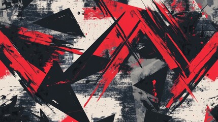  Abstract seamless grunge pattern with neon lines, triangles, chaotic brush strokes, and ink elements. Colorful graffiti vector background in red, black, and gray hues