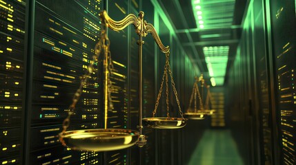 Golden scales of justice symbolizing law in a modern server room environment.