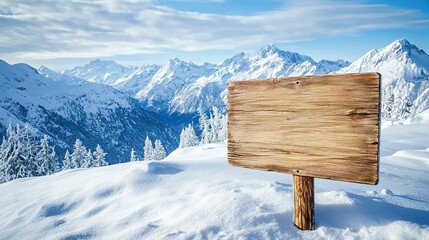  A wooden sign on a snowy mountain with a beautiful winter landscape in the background.