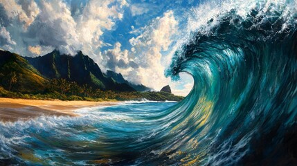 Perfect large breaking ocean barrel wave captured in stunning detail