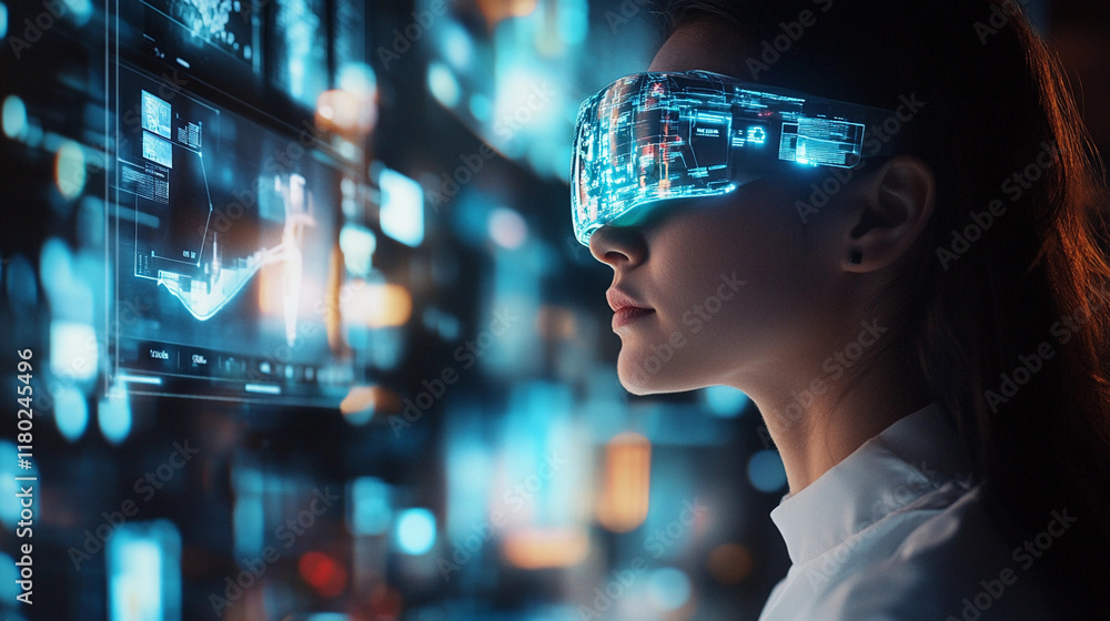 Poster innovative digital design in virtual reality exploration at a tech hub. generative ai