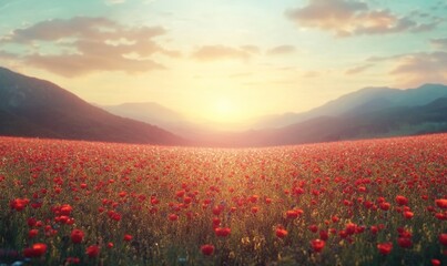 Beautiful view of a large poppy field captured in the sunset