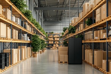 Obraz premium A modern warehouse interior filled with organized shelves of cardboard boxes and greenery, showcasing efficient storage solutions.