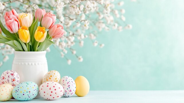 Minimalist composition of easter dining room interior with copy space, vase with tulips, colorful eggs, blue wall