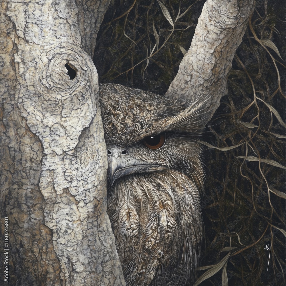Aufkleber a nocturnal bird perched in a branch, looking around with wise eyes