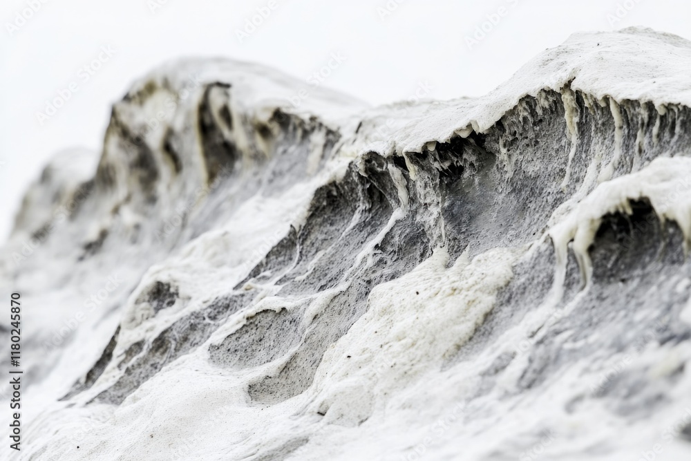 Poster a close-up view of a snowy mountain, with snow-covered trees and rocks