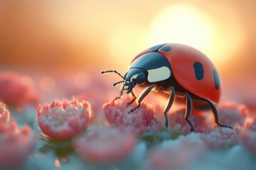 A ladybug sits on the petals of a bright pink flower, surrounded by green leaves