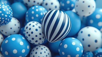 A collection of blue and white balloons with various patterns, creating a festive atmosphere.