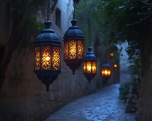 Illuminated lanterns hanging in a narrow, stone alleyway at night.