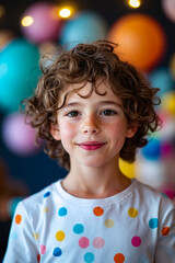 A young boy with curly hair and freckles smiles at the camera