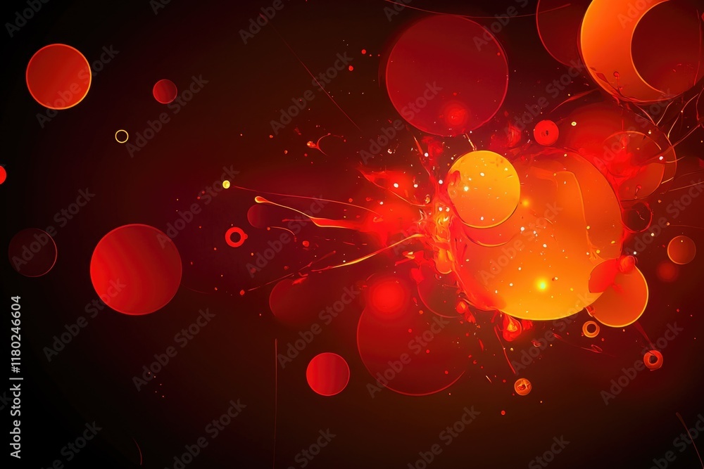 Poster A design element featuring multiple red and yellow circles on a dark background