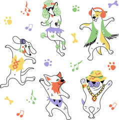 Dancing dogs set illustration: Poodle, Dachshund, Akita, Husky, Pug, French Bulldog, Greyhound, Whippet. Editable stroke