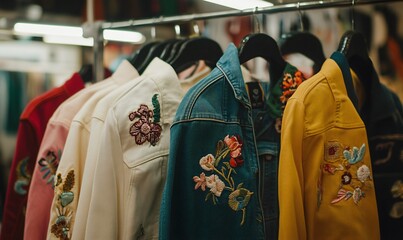 Second-hand denim jackets on display