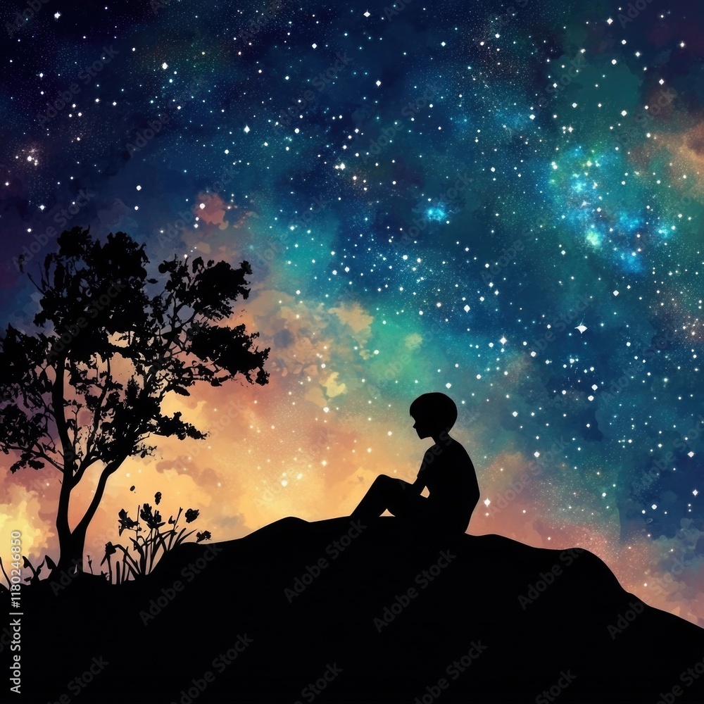 Poster a person sits under a tree, possibly resting or contemplative