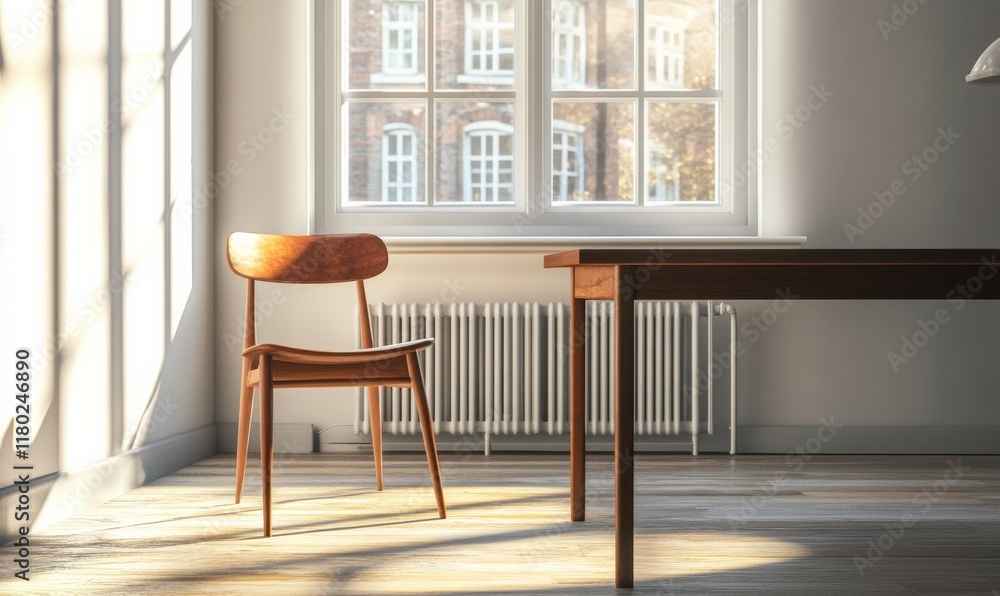 Poster chair is sitting in front of a table in a room with a window. the chair is empty and the table is ba